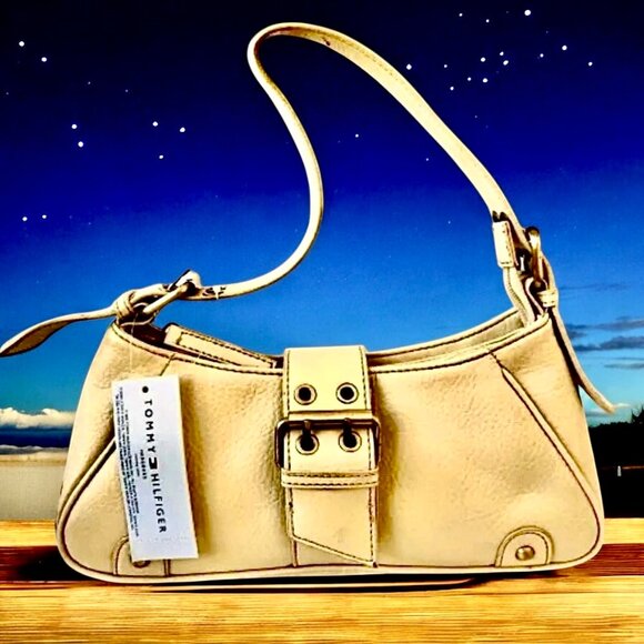 Tommy Hilfiger Y2K Eggshell Pebbled Leather Handbag Logo Zip & Buckle - Picture 5 of 15